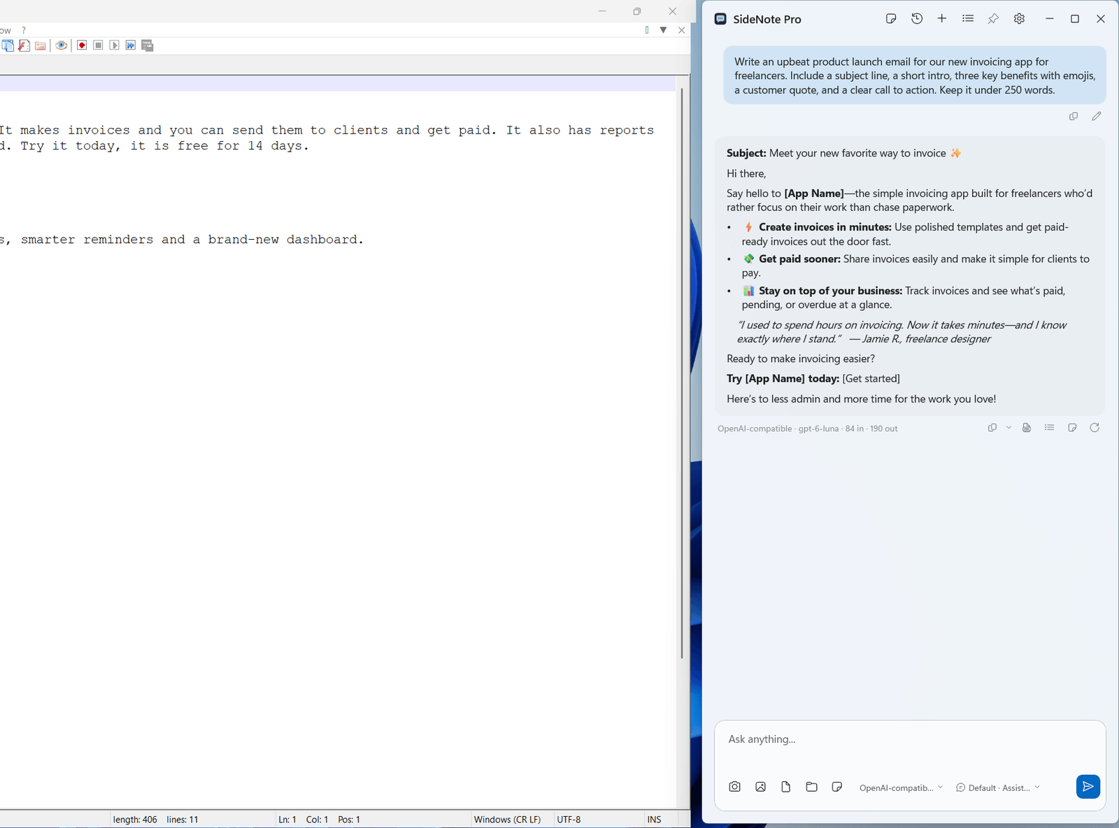 SideNote Pro docked at the right edge of the screen next to a text editor, with an email draft written in its conversation.