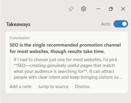 The Takeaways rail at the right edge of the window, under the title bar buttons: the Takeaways heading with the Auto switch turned on, and one card labelled Conclusion, titled SEO is the single recommended promotion channel for most websites, though results take time. The card quotes the passage it came from and offers Add a note, Jump to source and Dismiss.