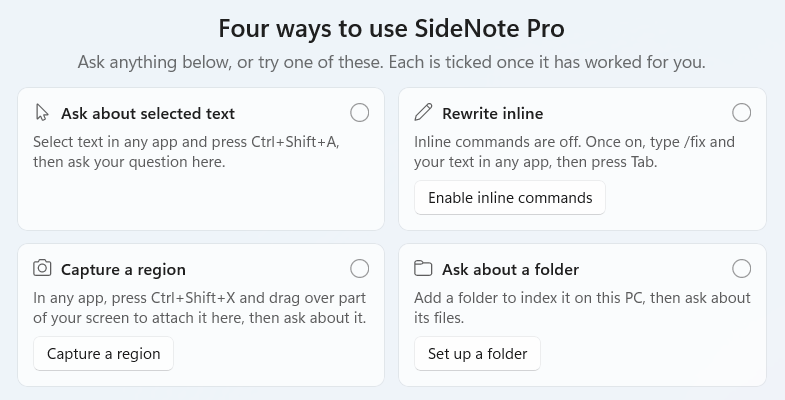 Four ways to use SideNote Pro, above four cards: Ask about selected text, Rewrite inline with an Enable inline commands button, Capture a region with a Capture a region button, and Ask about a folder with a Set up a folder button. Each card has an empty tick circle.