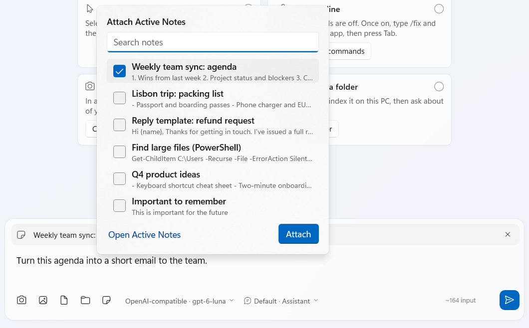 The Attach Active Notes list open above the message box: a search box and six notes with checkboxes, Weekly team sync: agenda ticked, with Open Active Notes and an Attach button at the bottom. The message box below already carries that note's chip.