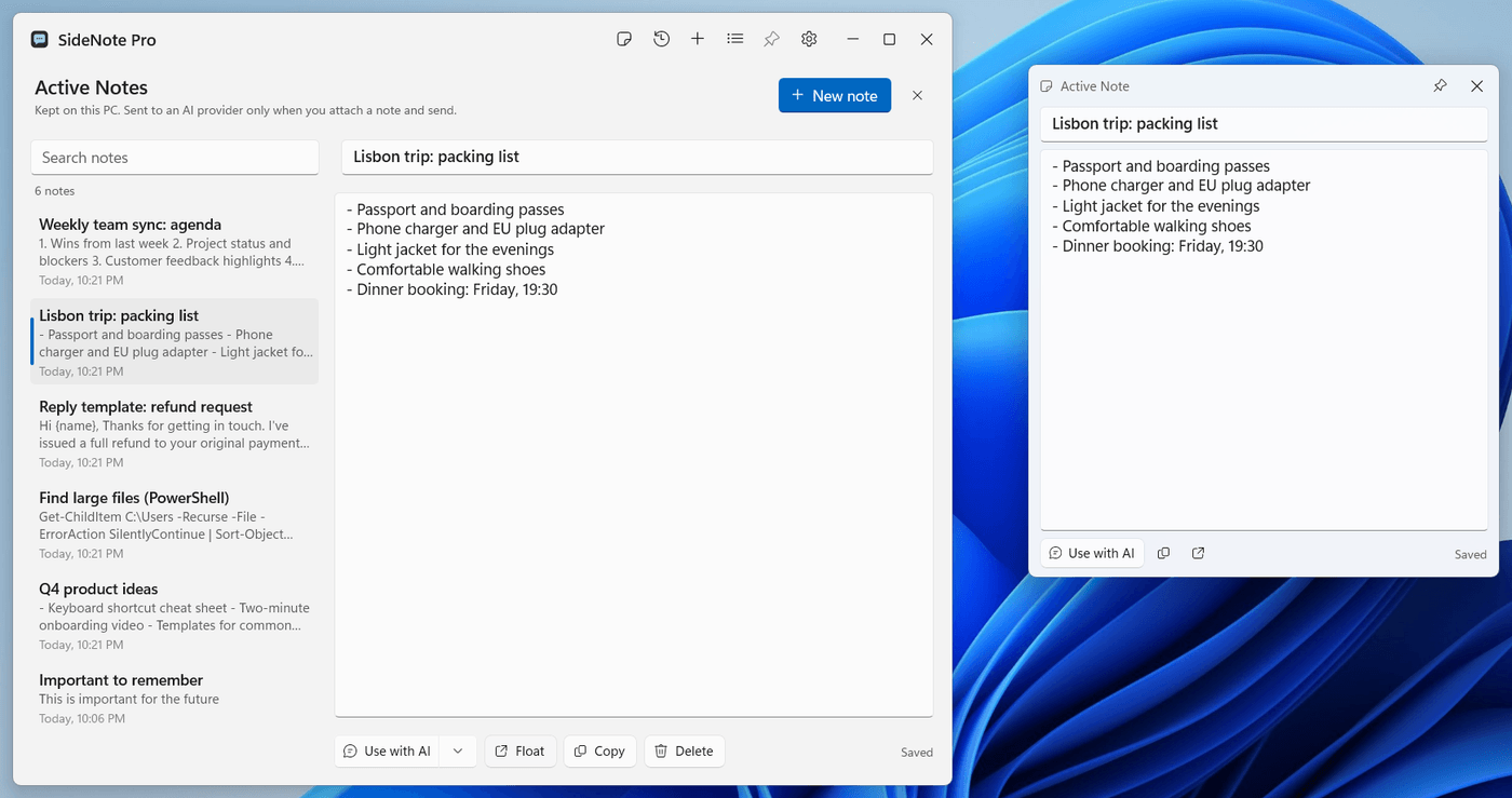 Two windows on a Windows desktop. On the left, the SideNote Pro window showing Active Notes with Lisbon trip: packing list open. On the right, the same note in its own small floating window, showing the same five lines.