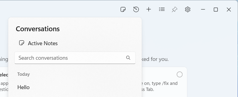 The History flyout open under the title bar of a compact SideNote Pro window, headed Conversations, with an Active Notes entry above the Search conversations box.