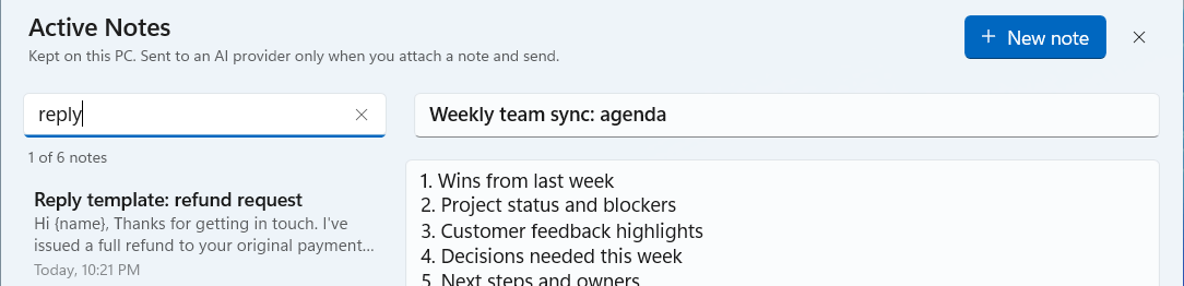 The Active Notes search box holding the word reply, with 1 of 6 notes found: Reply template: refund request, beside the open note's title.