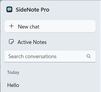The history sidebar of a wide SideNote Pro window: New chat, then Active Notes, then the Search conversations box and today's conversations.
