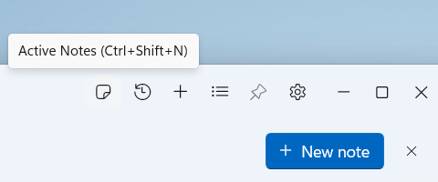 The right end of the SideNote Pro title bar, with the tooltip Active Notes (Ctrl+Shift+N) over the note button, the first of the title bar's buttons, and the New note button below it.
