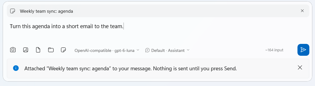 The SideNote Pro message box with a note chip, Weekly team sync: agenda, above the request Turn this agenda into a short email to the team. Below it, the composer tools, the provider and system prompt pickers and the send button, and a notice: Attached Weekly team sync: agenda to your message. Nothing is sent until you press Send.