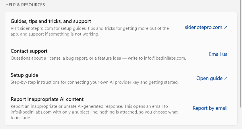 The Help and resources card in About, linking to guides and support on sidenotepro.com, contact support, the setup guide, and a Report inappropriate AI content entry that opens an email carrying only a subject line.