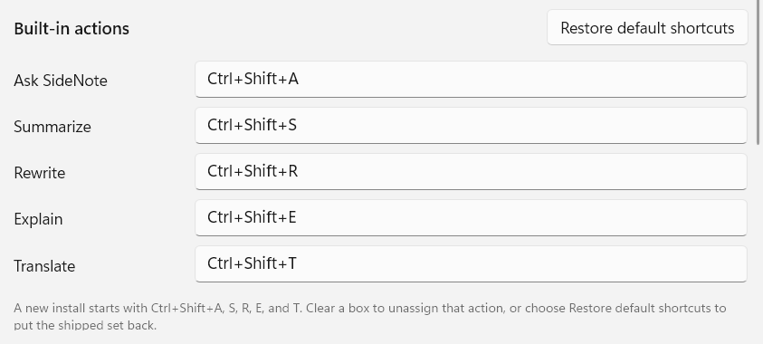 The five built-in actions with their global shortcuts: Ask SideNote on Ctrl+Shift+A, Summarize on Ctrl+Shift+S, Rewrite on Ctrl+Shift+R, Explain on Ctrl+Shift+E and Translate on Ctrl+Shift+T, beside a Restore default shortcuts button.