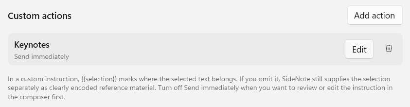 The Custom actions list with an Add action button, one custom action showing its name and a Send immediately label, and a caption explaining the selection placeholder.