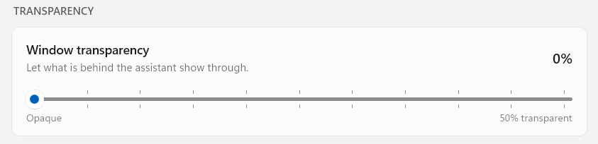 The Window transparency slider at 0 percent, running from Opaque to 50% transparent.