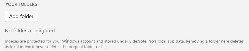 The Your folders area before any folder is added: an Add folder button, the text No folders configured, and a note that removing a folder deletes only its local index.