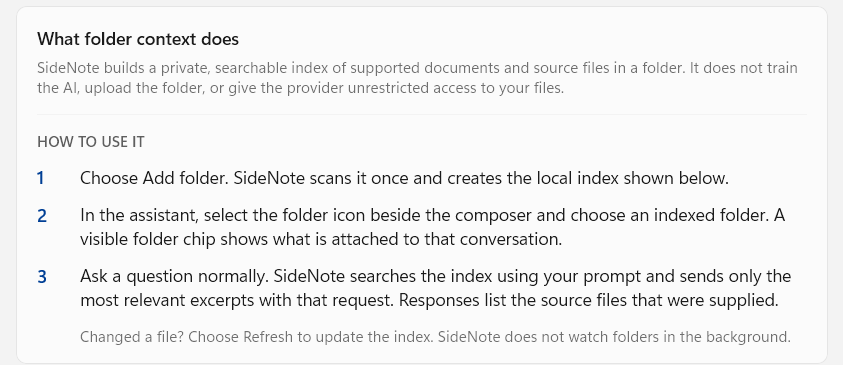 The folder context explainer: SideNote builds a private searchable index of a folder, then a three-step list covering Add folder, attaching an indexed folder from the composer, and asking a question to get sourced answers.