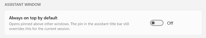 The Assistant window group in General, with Always on top by default switched off.