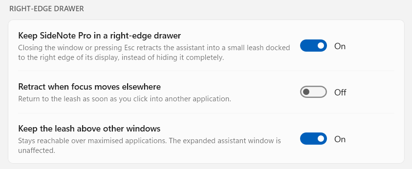The right-edge drawer group in General: Keep SideNote Pro in a right-edge drawer is on, Retract when focus moves elsewhere is off, and Keep the leash above other windows is on.