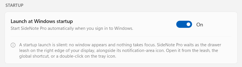 The Startup group in General: a Launch at Windows startup switch turned on, and a note explaining that a startup launch is silent.