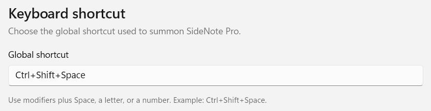 The Keyboard section: a Global shortcut box holding Ctrl+Shift+Space, with a caption explaining that a shortcut is modifiers plus Space, a letter or a number.