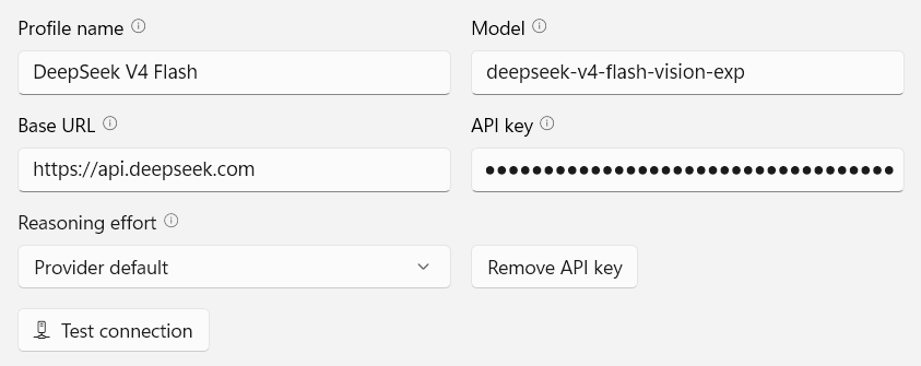 The provider profile editor: Profile name, Model, Base URL, a masked API key, a Reasoning effort dropdown set to Provider default, a Remove API key button and Test connection.