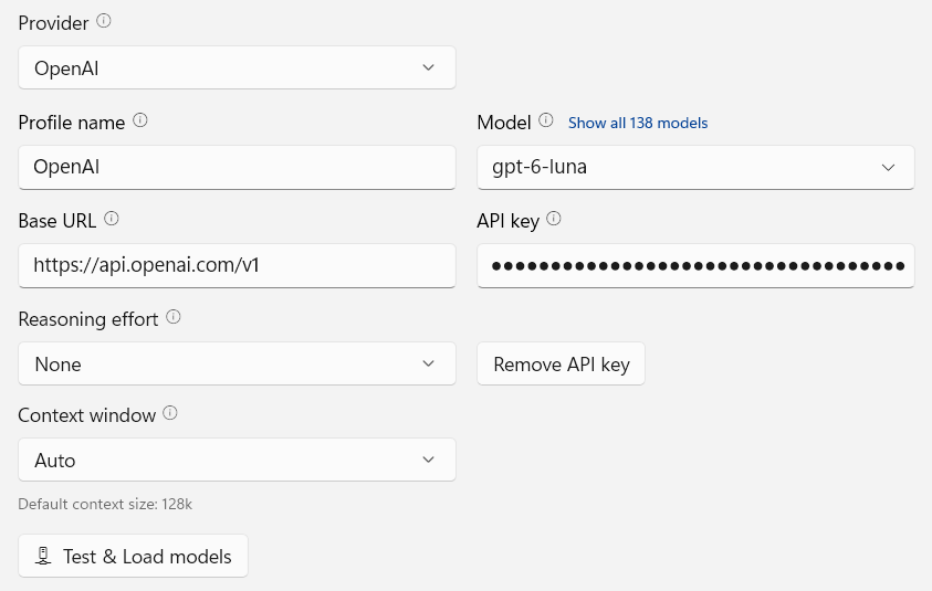SideNote Pro OpenAI settings with GPT-6 Luna selected: Provider set to OpenAI, Profile name OpenAI, Model gpt-6-luna, Base URL https://api.openai.com/v1, a masked API key, Reasoning effort set to None, Context window on Auto and a Test and Load models button.