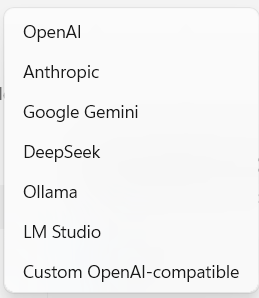 The SideNote Pro provider menu, listing OpenAI, Anthropic, Google Gemini, DeepSeek, Ollama, LM Studio and Custom OpenAI-compatible.