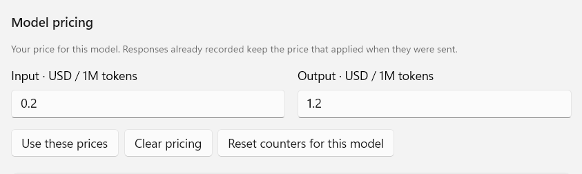 The Model pricing block filled in for gpt-5.6-luna, with Input set to 0.2 and Output set to 1.2 USD per million tokens, above the Use these prices, Clear pricing and Reset counters for this model buttons.