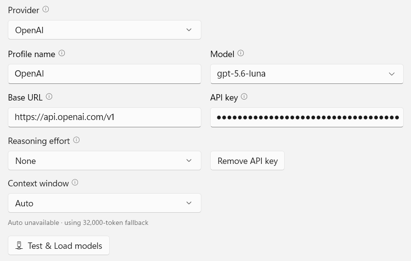 SideNote Pro OpenAI settings configured with GPT-5.6 Luna and reasoning disabled: Provider set to OpenAI, Profile name OpenAI, Model gpt-5.6-luna, Base URL https://api.openai.com/v1, a masked API key, Reasoning effort set to None, Context window on Auto and a Test and Load models button.