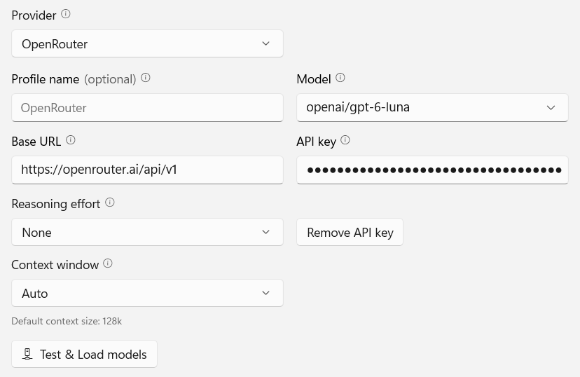 SideNote Pro OpenRouter settings: Provider set to OpenRouter, Profile name empty and showing the OpenRouter placeholder, Model openai/gpt-6-luna, Base URL https://openrouter.ai/api/v1, a masked API key with a Remove API key button, Reasoning effort set to None, Context window on Auto with Default context size: 128k beneath it, and a Test and Load models button.
