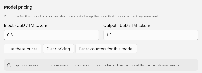 The Model pricing block: input and output price boxes in USD per million tokens, the Use these prices, Clear pricing and Reset counters for this model buttons, and a tip that low-reasoning or non-reasoning models are significantly faster.