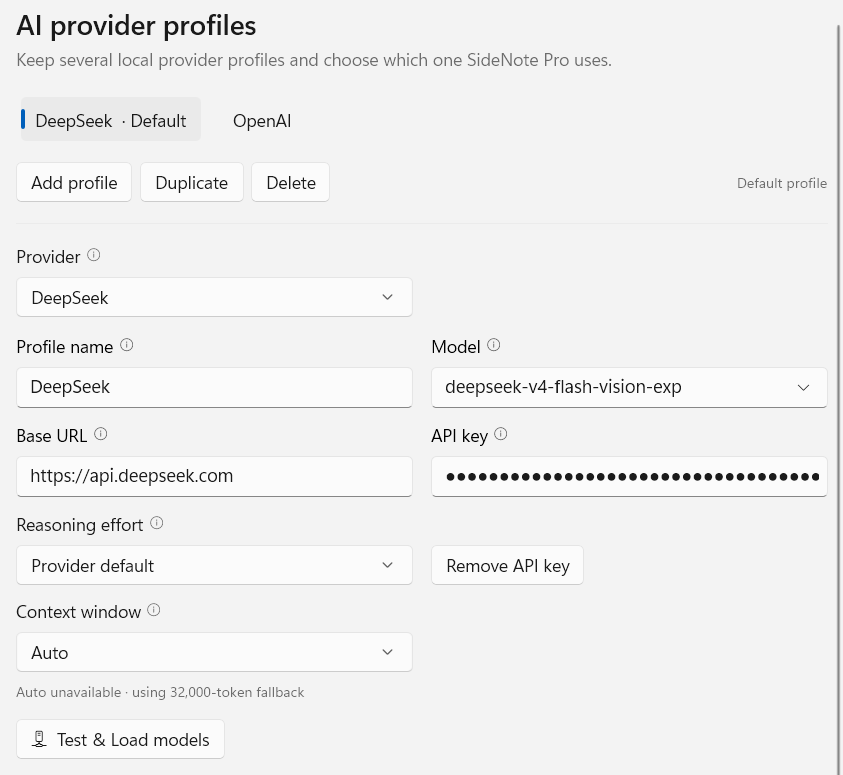 The AI providers section: a profile strip with one profile marked Default, the Add profile, Duplicate and Delete buttons, and the profile editor beneath them holding Provider, Profile name, Model, Base URL, a masked API key, Reasoning effort, Context window set to Auto, and a Test and Load models button.