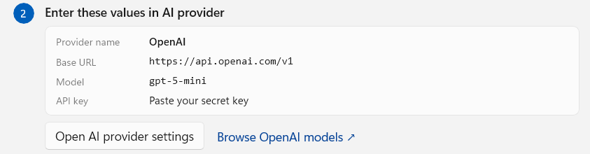 The worked example in the in-app setup guide, listing a provider name, a base URL ending in /v1, a model id and the instruction to paste your secret key, above the Open AI provider settings and Browse OpenAI models buttons.