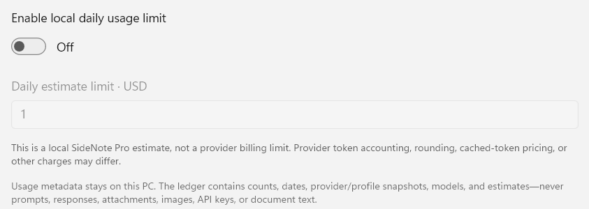 The Enable local daily usage limit switch turned off, the disabled Daily estimate limit box beneath it, and captions explaining that the limit is a local estimate and that the ledger stores only counts, dates, provider and model provenance and estimates.