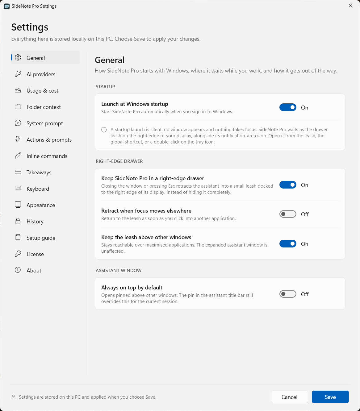 The SideNote Pro Settings window opened on General. The navigation rail lists General, AI providers, Usage and cost, Folder context, System prompt, Actions and prompts, Inline commands, Takeaways, Keyboard, Appearance, History, Setup guide, License and About, and the General section beside it holds the startup, right-edge drawer and assistant window settings.