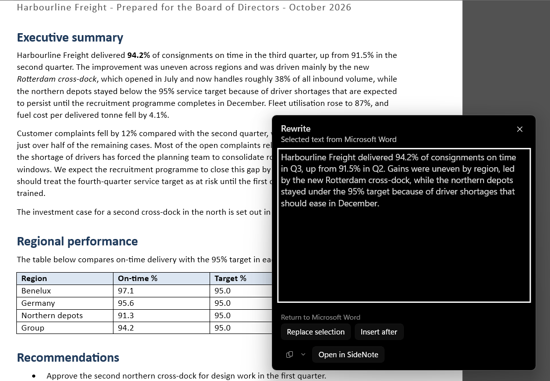 A report open in Microsoft Word, with an Executive summary heading and a table of regional on-time delivery, and a dark SideNote Pro popup over its right side. The popup is headed Rewrite, with the line Selected text from Microsoft Word, and holds a shorter version of the paragraph: Harbourline Freight delivered 94.2% of consignments on time in Q3, up from 91.5% in Q2. Under Return to Microsoft Word are the Replace selection and Insert after buttons, and an Open in SideNote button.